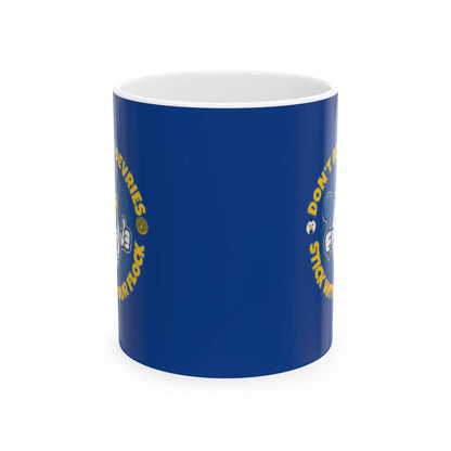 Don’t Be A Devries Mug – Stick With Your Flock Funny Coffee Mug – Bold Yellow Ceramic Mug for Fans & Loyal Flock Blue