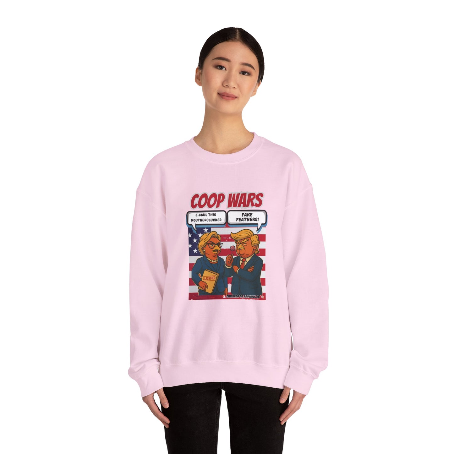 Coop Wars Crewneck Sweatshirt – Funny Political Graphic Pullover | Unisex Heavy Blend with ChickenPop Logo | Ethically Made & Cozy Cold-Weather Humor