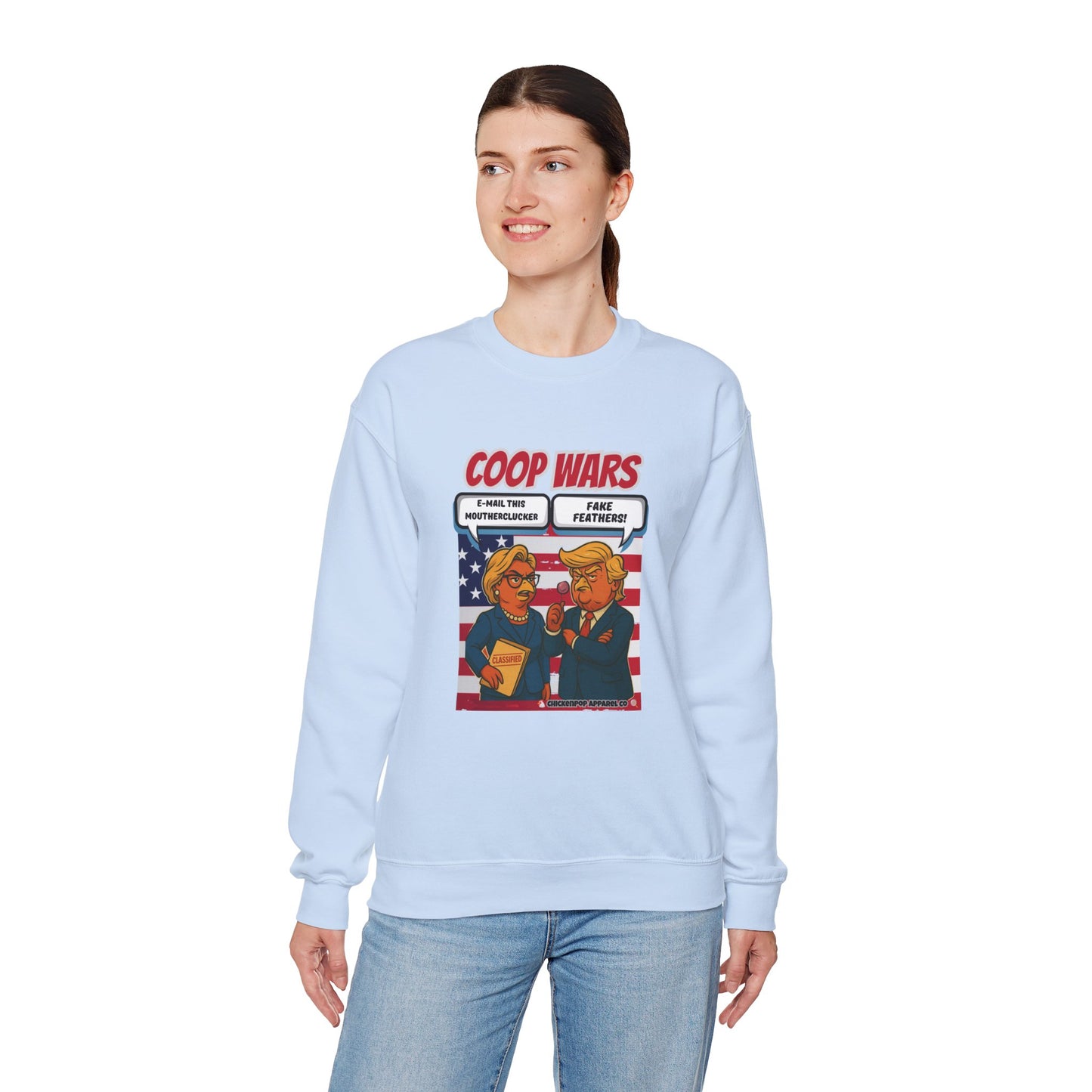 Coop Wars Crewneck Sweatshirt – Funny Political Graphic Pullover | Unisex Heavy Blend with ChickenPop Logo | Ethically Made & Cozy Cold-Weather Humor
