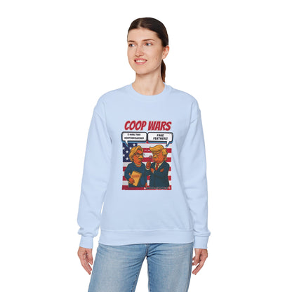Coop Wars Crewneck Sweatshirt – Funny Political Graphic Pullover | Unisex Heavy Blend with ChickenPop Logo | Ethically Made & Cozy Cold-Weather Humor