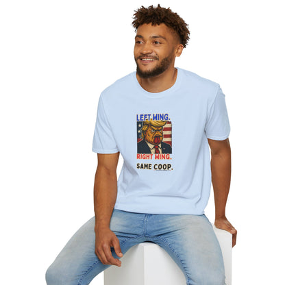 Cock-a-Doodle-Don "Left Wing. Right Wing. Same Coop." Political Satire Tee – Unisex Graphic T-Shirt