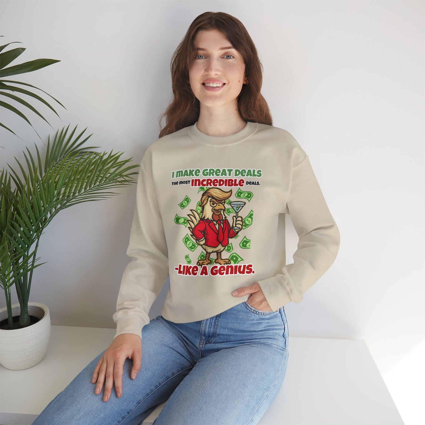 Like A Genius Crewneck Sweatshirt – Funny Political Graphic Pullover | Unisex Heavy Blend with ChickenPop Logo | Ethically Made & Cozy Cold-Weather Humor