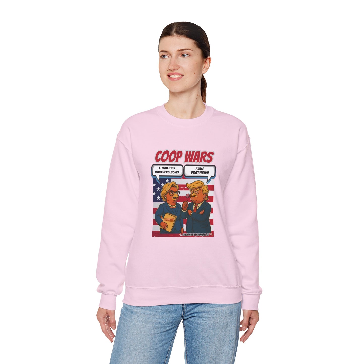 Coop Wars Crewneck Sweatshirt – Funny Political Graphic Pullover | Unisex Heavy Blend with ChickenPop Logo | Ethically Made & Cozy Cold-Weather Humor