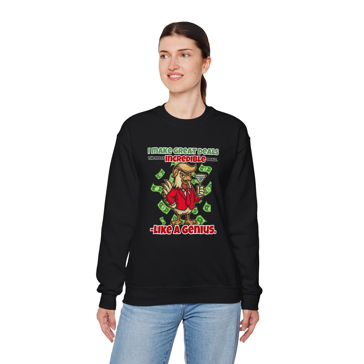 Like A Genius Crewneck Sweatshirt – Funny Political Graphic Pullover | Unisex Heavy Blend with ChickenPop Logo | Ethically Made & Cozy Cold-Weather Humor
