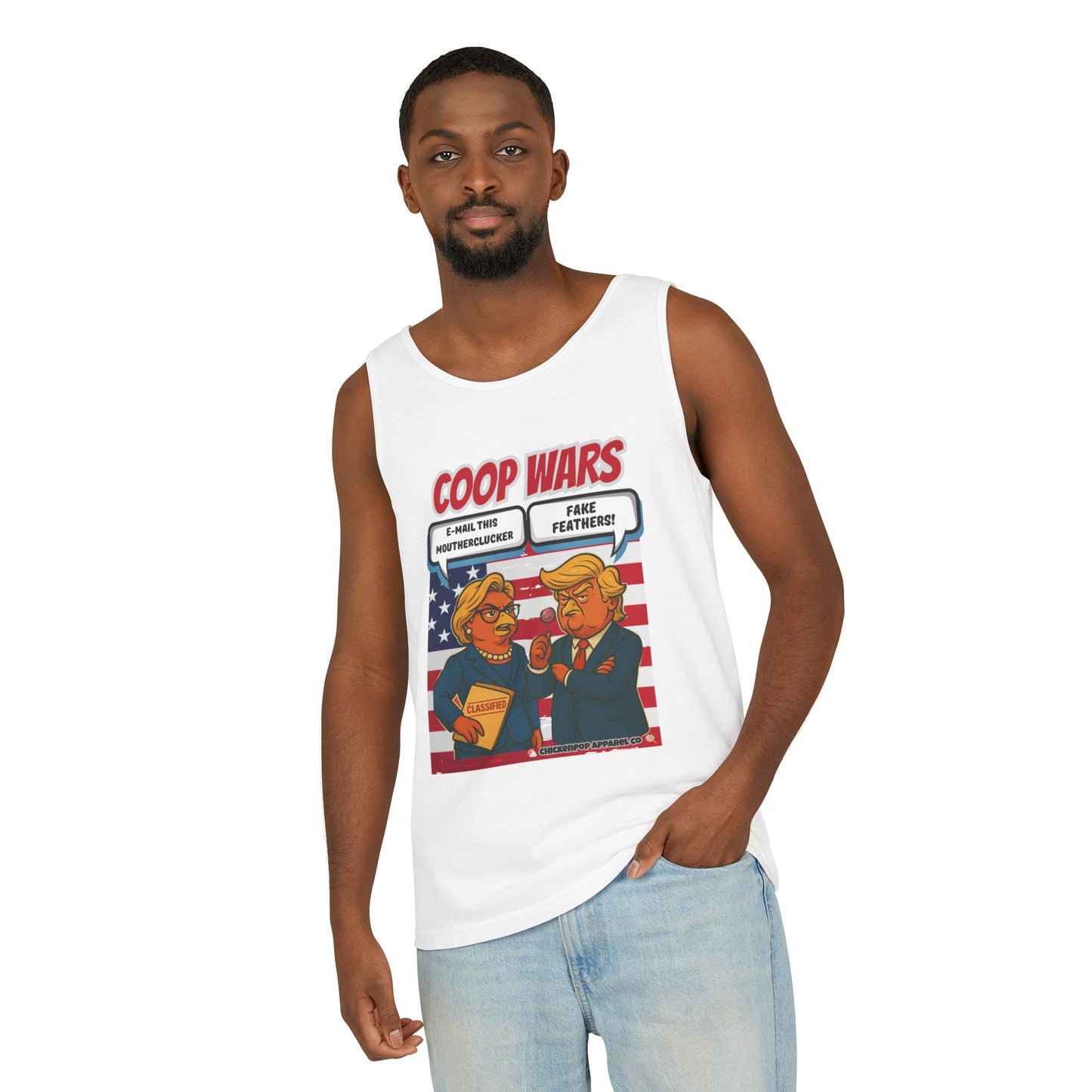 Coop Wars™ Unisex Tank Top – Hilaregg Cluckton vs. Cock-a-Doodle-Don | Political Satire Sleeveless Tee