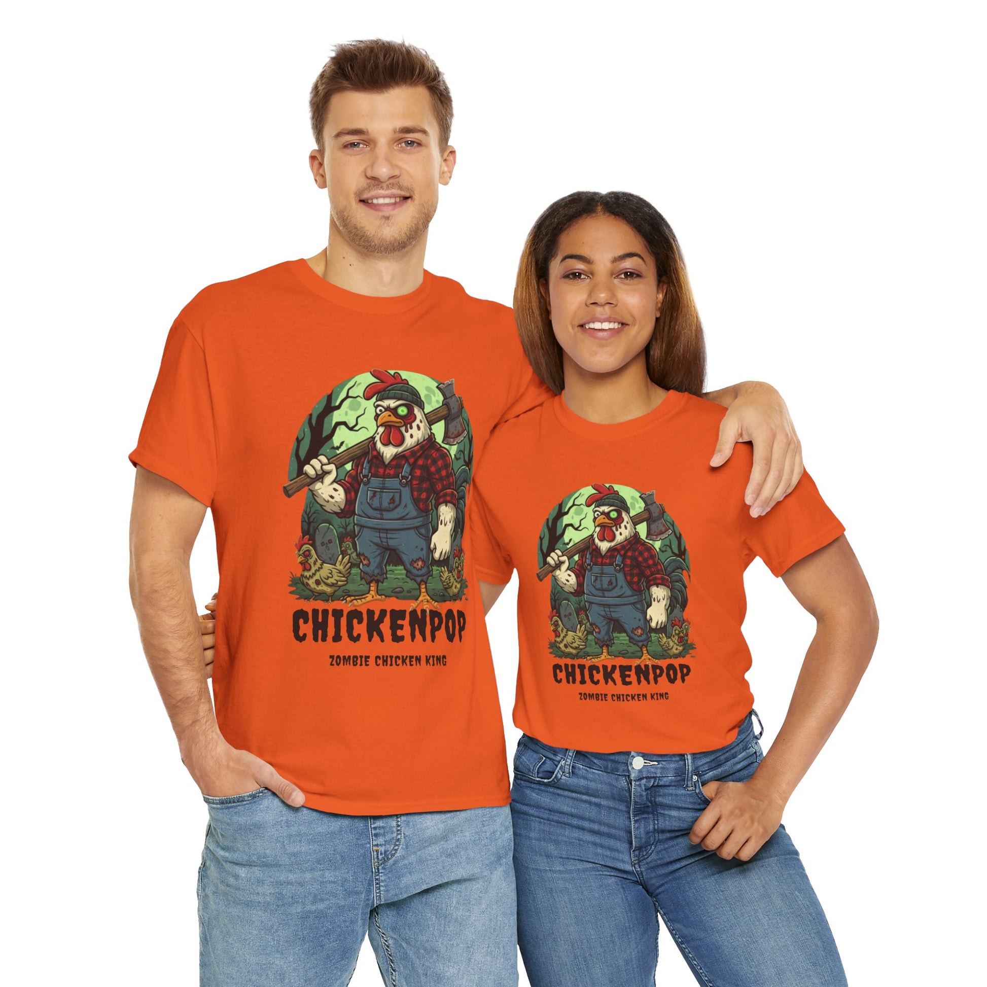 Unisex Zombie Chicken Shirt featuring a spooky chicken king in overalls and axe, perfect for Halloween parties and horror fans. Bold orange cotton tee.