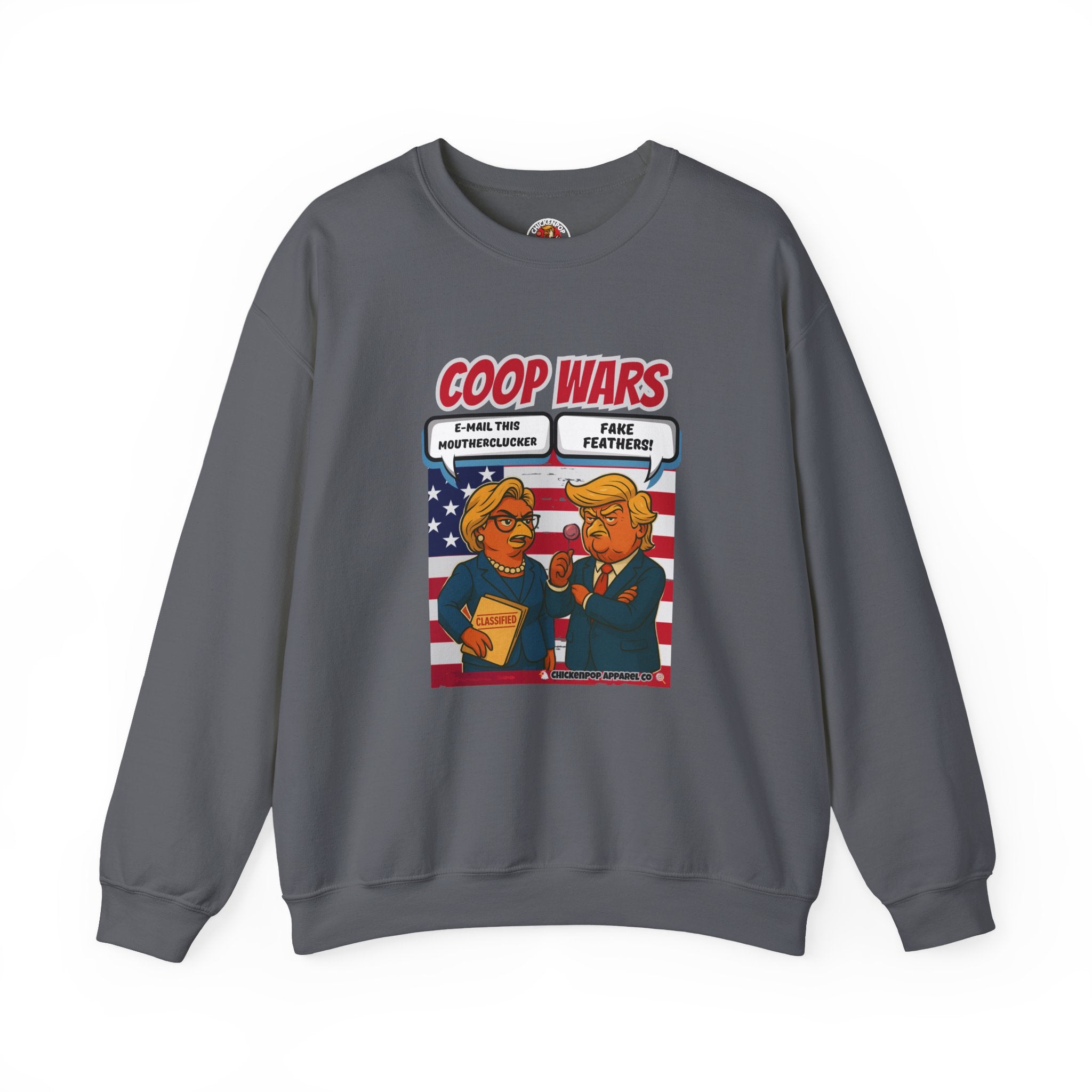 Coop Wars Crewneck Sweatshirt – Funny Political Graphic Pullover | Unisex Heavy Blend with ChickenPop Logo | Ethically Made & Cozy Cold-Weather Humor