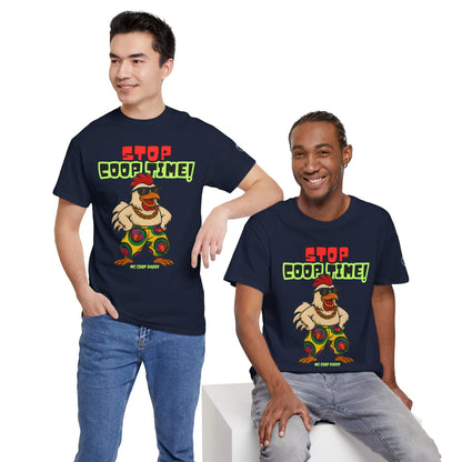 Stop COOP TIME! Funny Chicken T-Shirt – MC Coop Daddy 90s Hip Hop Parody Tee | Unisex Heavy Cotton | ChickenPop Apparel