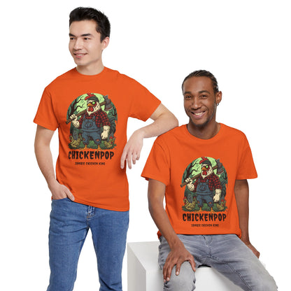 Unisex Zombie Chicken Shirt in bright orange featuring a spooky cartoon chicken king with axe and forest background. Fun Halloween graphic tee for parties.