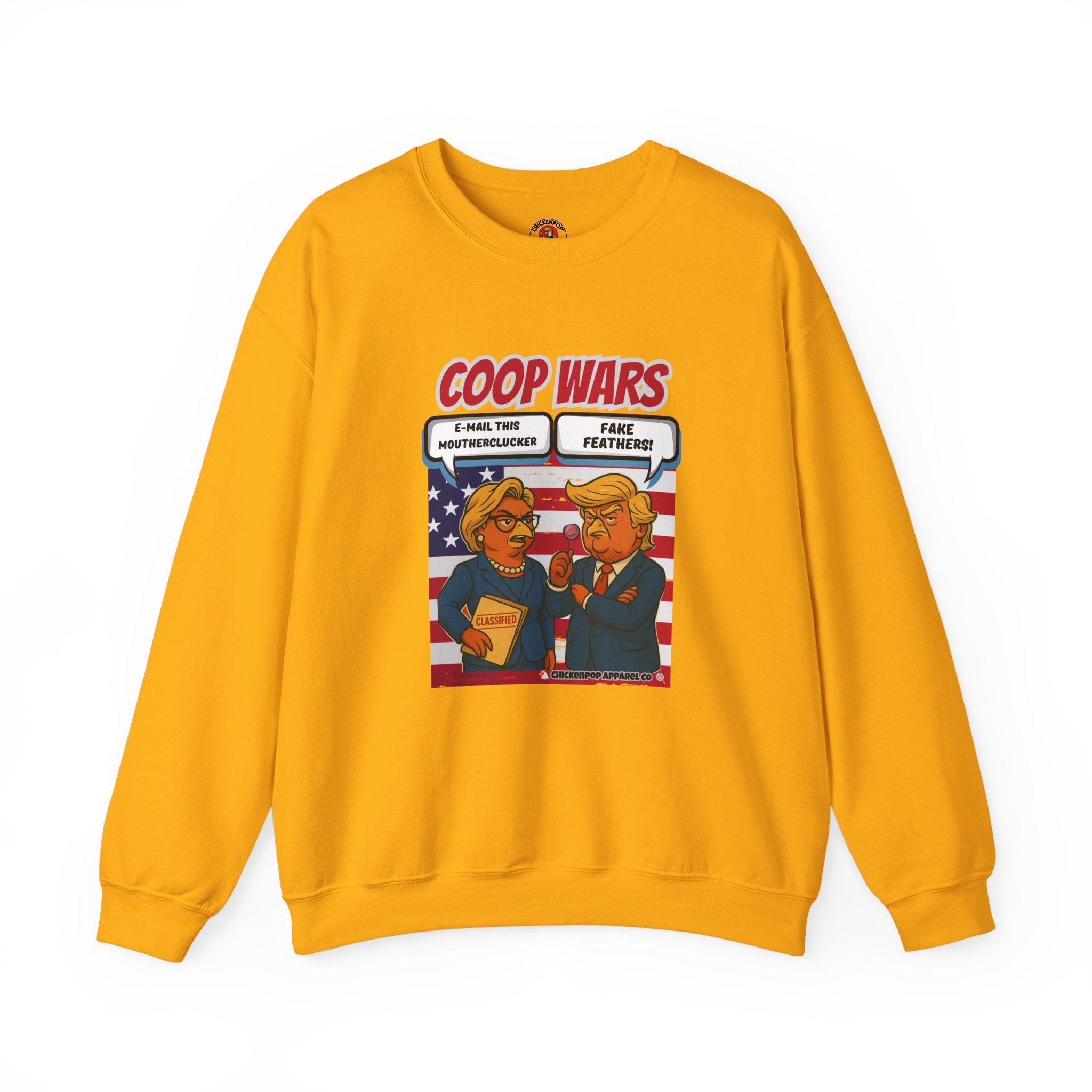Coop Wars Crewneck Sweatshirt – Funny Political Graphic Pullover | Unisex Heavy Blend with ChickenPop Logo | Ethically Made & Cozy Cold-Weather Humor