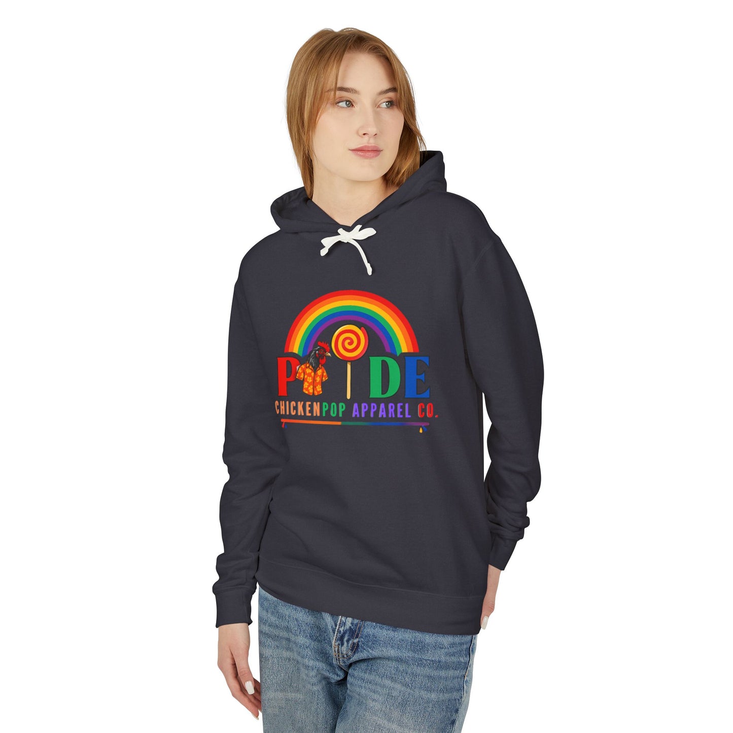 ChickenPop Apparel Co. Pride Rainbow Hoodie – Unisex LGBTQ Graphic Hoodie with Chicken & Lollipop Logo |