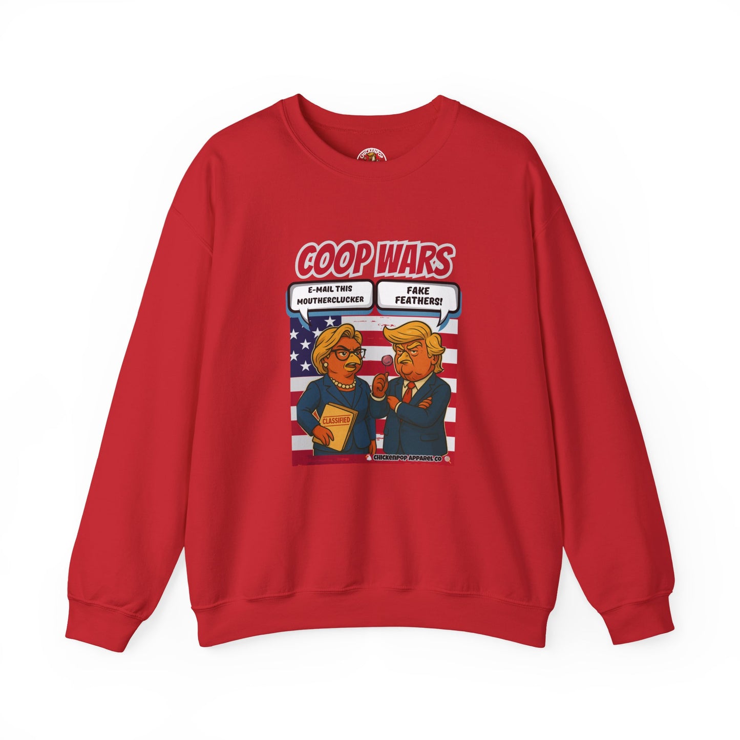 Coop Wars Crewneck Sweatshirt – Funny Political Graphic Pullover | Unisex Heavy Blend with ChickenPop Logo | Ethically Made & Cozy Cold-Weather Humor