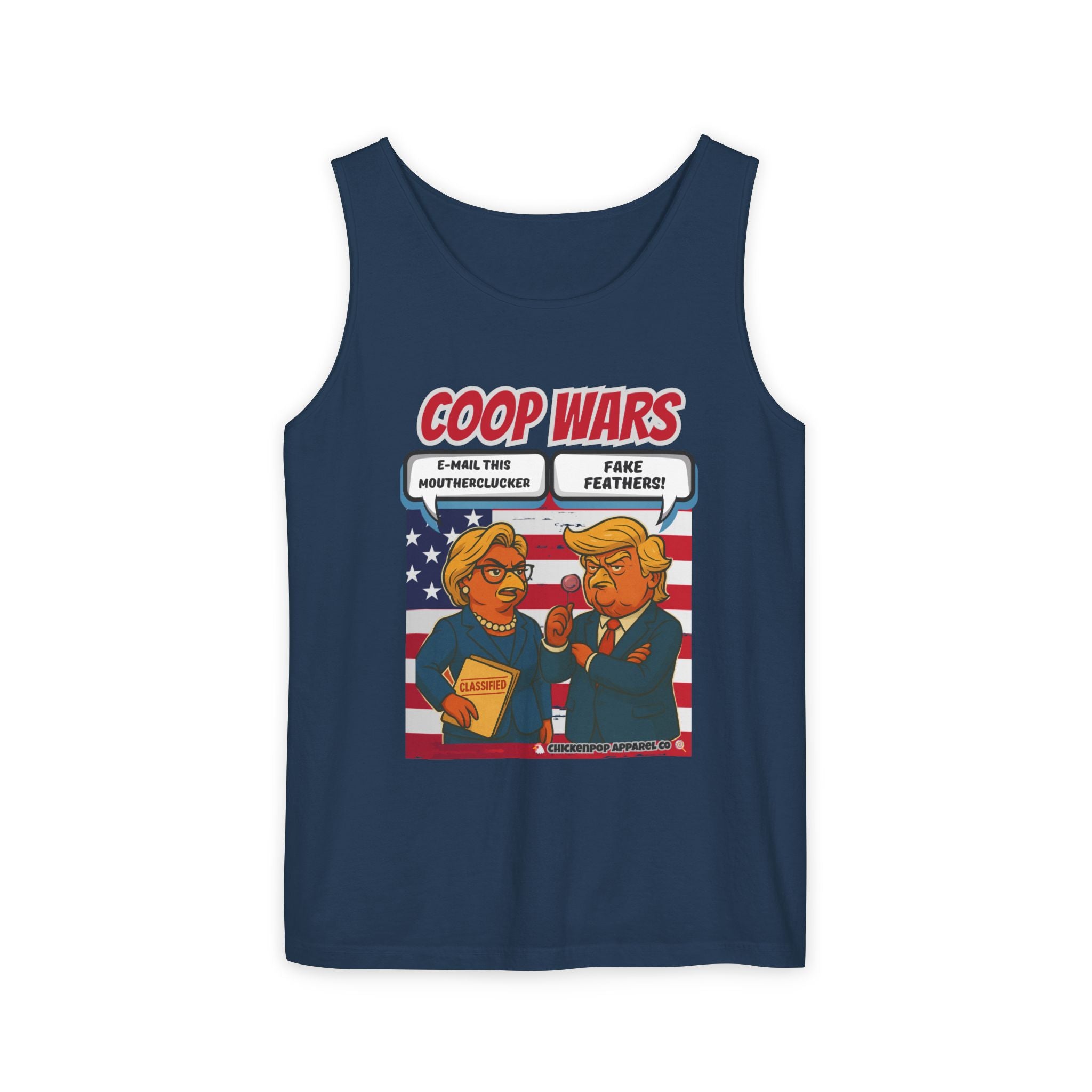 Coop Wars™ Unisex Tank Top – Hilaregg Cluckton vs. Cock-a-Doodle-Don | Political Satire Sleeveless Tee