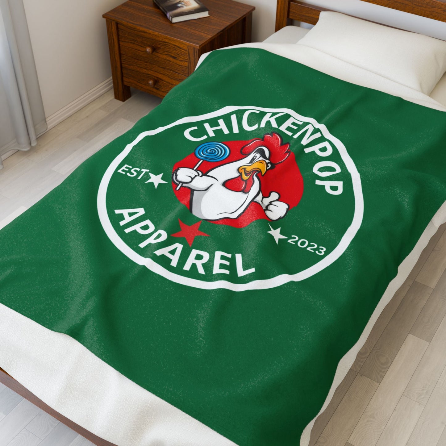 ChickenPop Original Logo Velveteen Plush Blanket Green