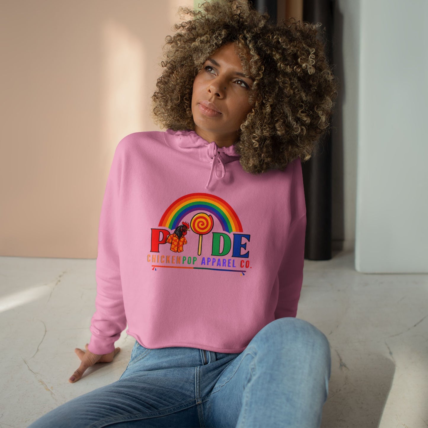 Big Chick Energy™ Pride Cropped Hoodie – Rainbow LGBTQ+ Logo with Coop Daddy & Lollipop Icon | ChickenPop Apparel