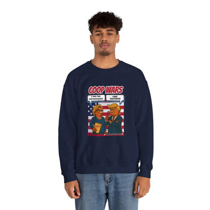 Coop Wars Crewneck Sweatshirt – Funny Political Graphic Pullover | Unisex Heavy Blend with ChickenPop Logo | Ethically Made & Cozy Cold-Weather Humor