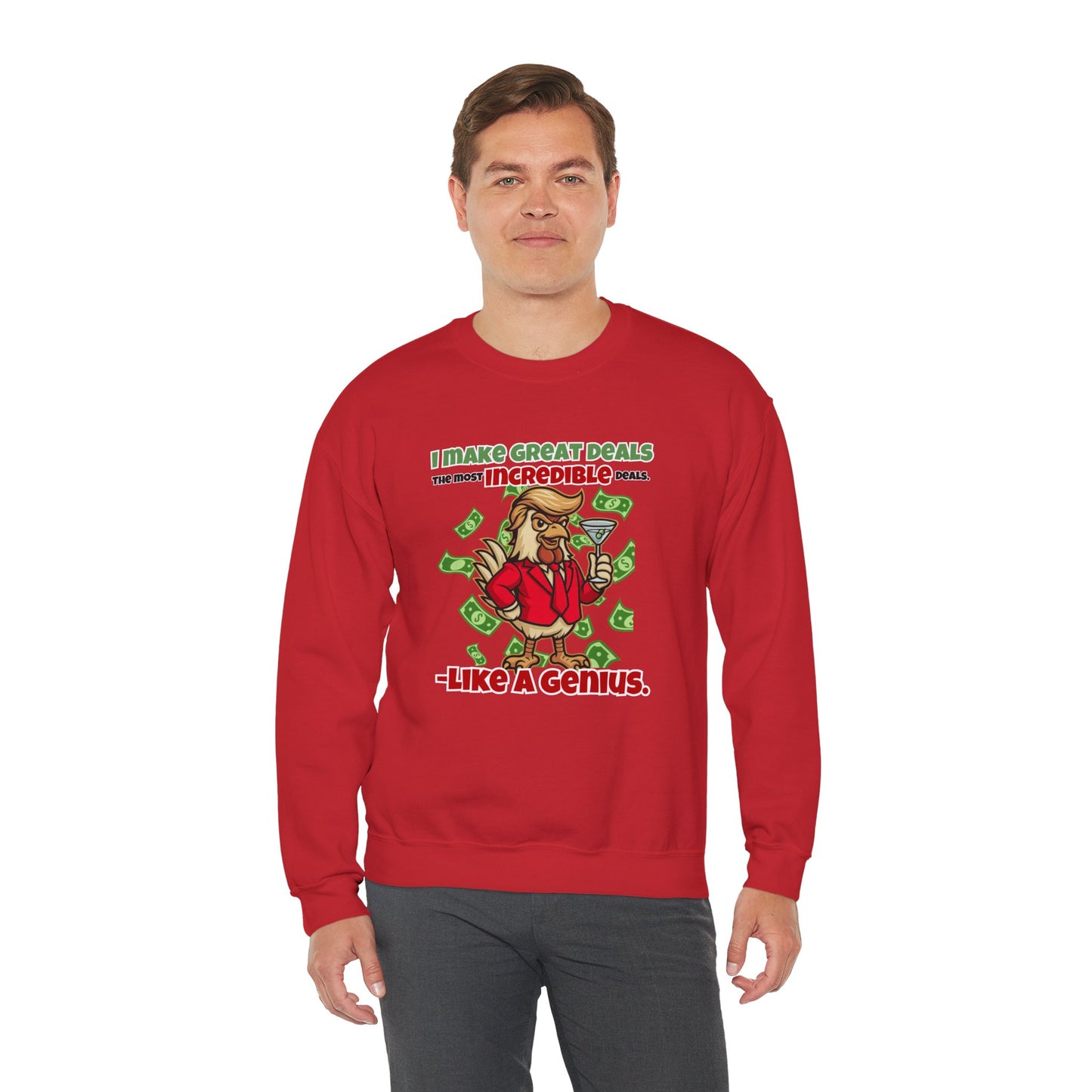 Like A Genius Crewneck Sweatshirt – Funny Political Graphic Pullover | Unisex Heavy Blend with ChickenPop Logo | Ethically Made & Cozy Cold-Weather Humor