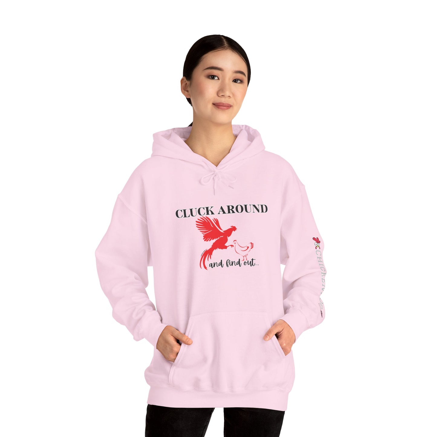 Cluck Around and Find Out Hoodie – Naughty Funny Chicken Hoodie with ChickenPop Logo Sleeve | Bold Unisex Graphic Sweatshirt