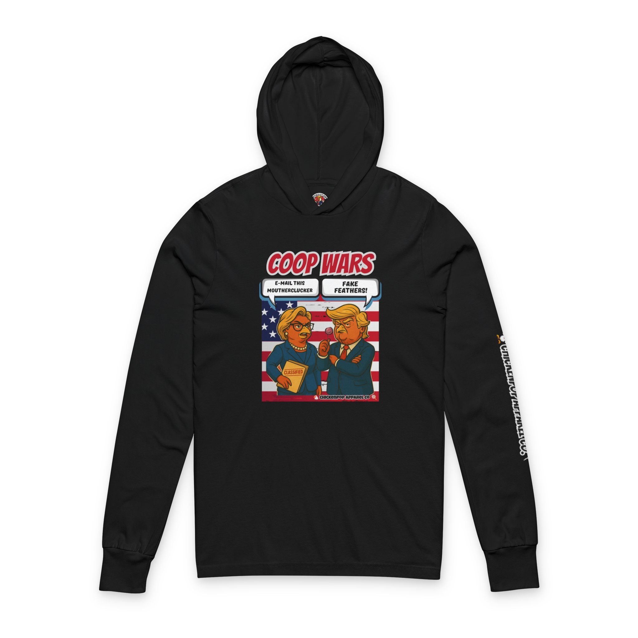 Coop Wars Long Sleeve Hooded T-Shirt – Unisex Lightweight Hoodie Tee with ChickenPop Sleeve Logo | Funny Political Graphic Pullover for Everyday Rebels