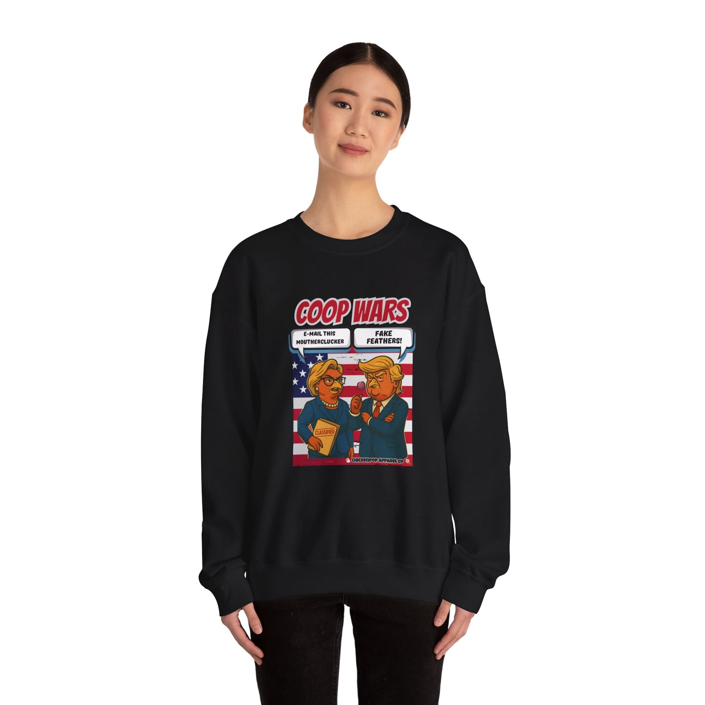 Coop Wars Crewneck Sweatshirt – Funny Political Graphic Pullover | Unisex Heavy Blend with ChickenPop Logo | Ethically Made & Cozy Cold-Weather Humor