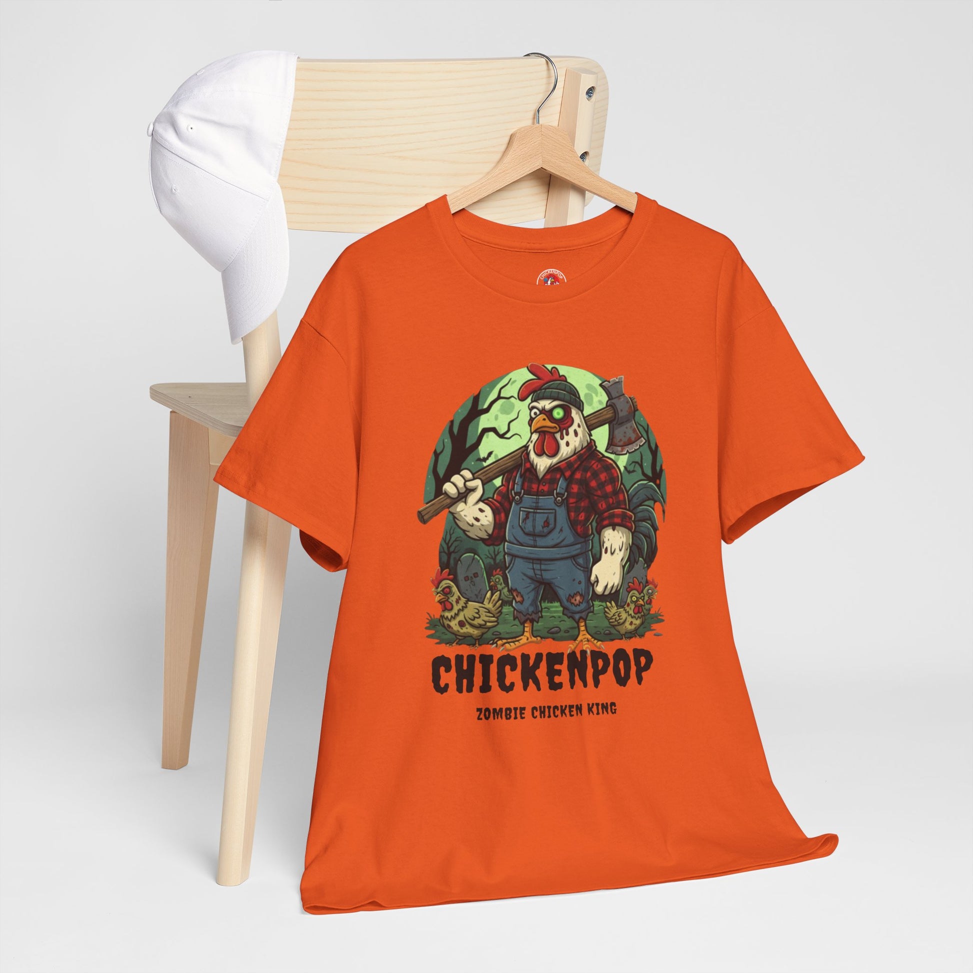 Zombie Chicken Shirt - King Halloween T-Shirt in orange with spooky cartoon chicken holding axe, perfect for horror fans and costume parties.