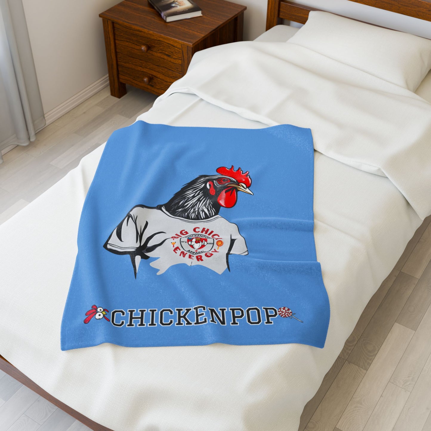 Giant Rooster Velveteen Plush Blanket Light Blue,