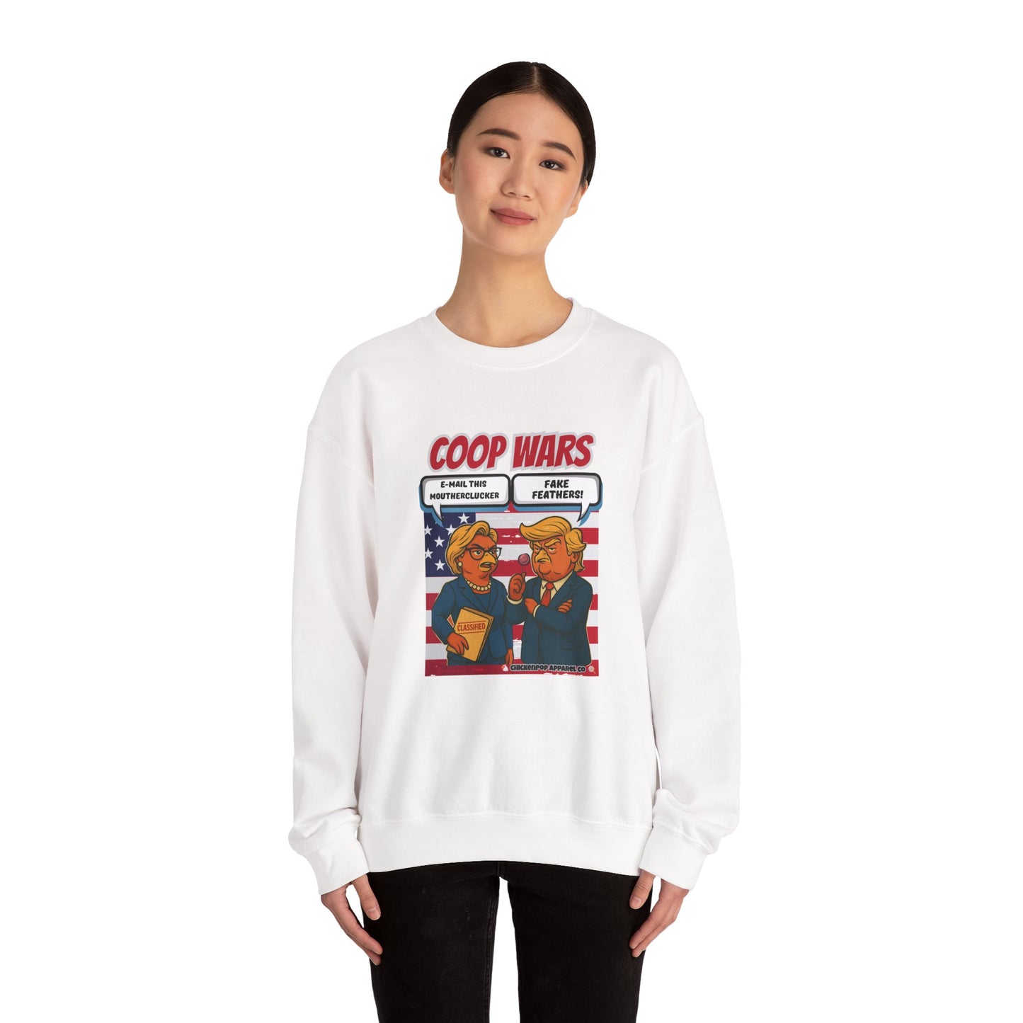Coop Wars Crewneck Sweatshirt – Funny Political Graphic Pullover | Unisex Heavy Blend with ChickenPop Logo | Ethically Made & Cozy Cold-Weather Humor