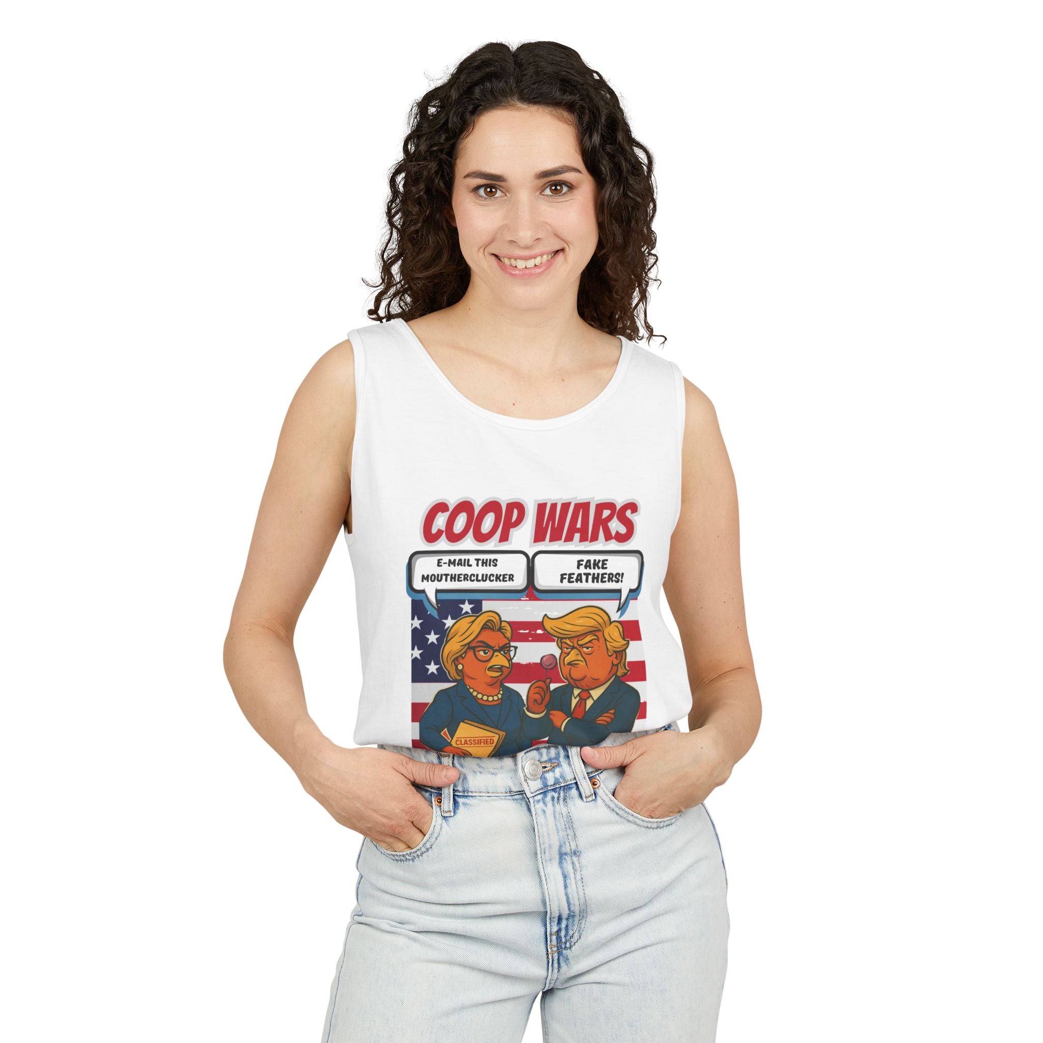 Coop Wars™ Unisex Tank Top – Hilaregg Cluckton vs. Cock-a-Doodle-Don | Political Satire Sleeveless Tee