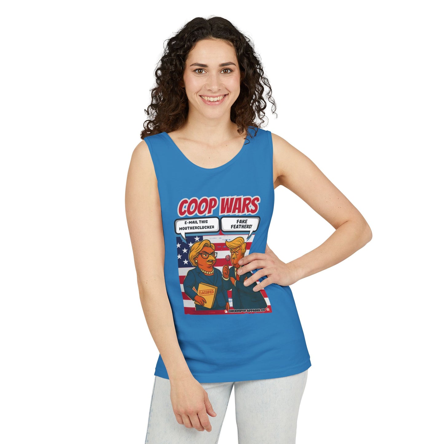 Coop Wars™ Unisex Tank Top – Hilaregg Cluckton vs. Cock-a-Doodle-Don | Political Satire Sleeveless Tee