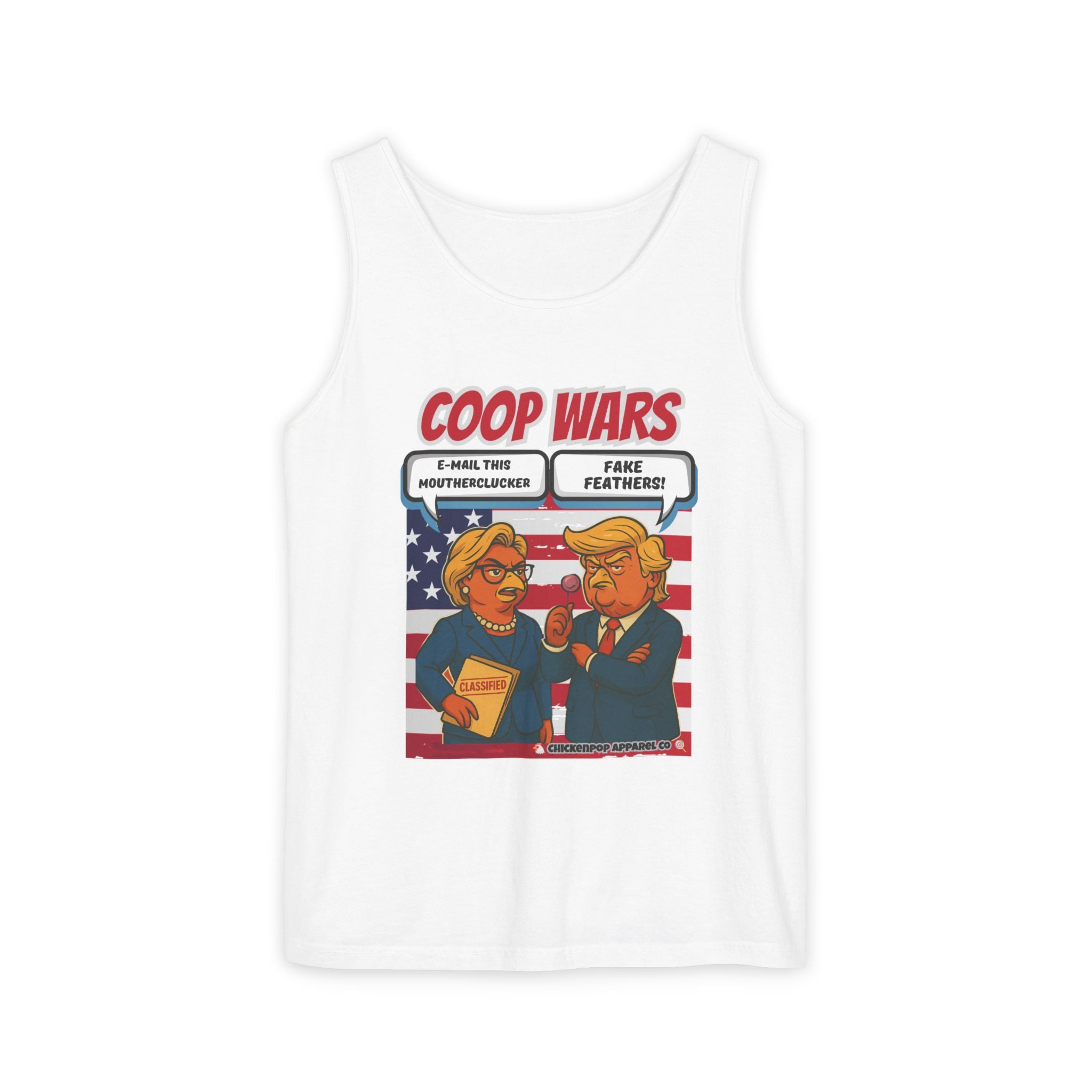 Coop Wars™ Unisex Tank Top – Hilaregg Cluckton vs. Cock-a-Doodle-Don | Political Satire Sleeveless Tee