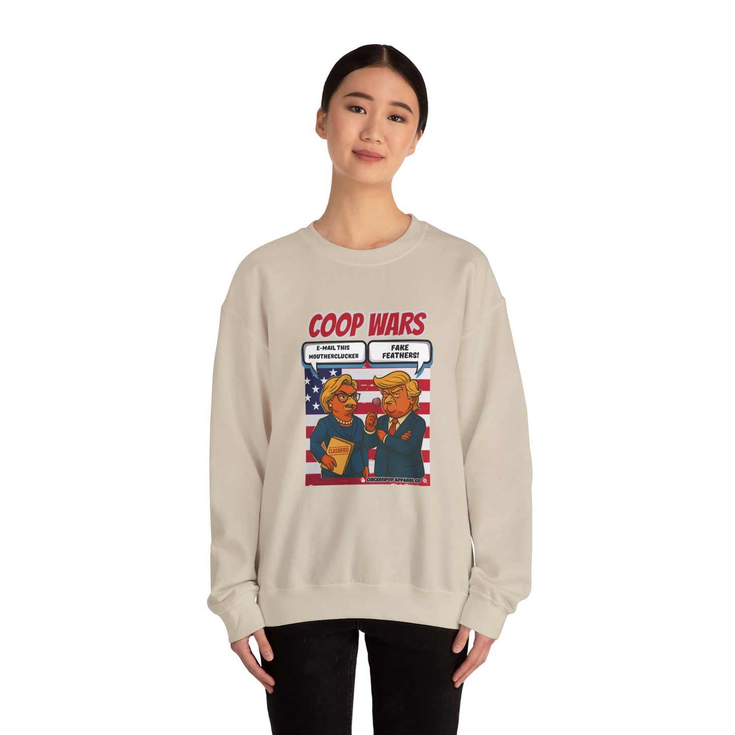 Coop Wars Crewneck Sweatshirt – Funny Political Graphic Pullover | Unisex Heavy Blend with ChickenPop Logo | Ethically Made & Cozy Cold-Weather Humor