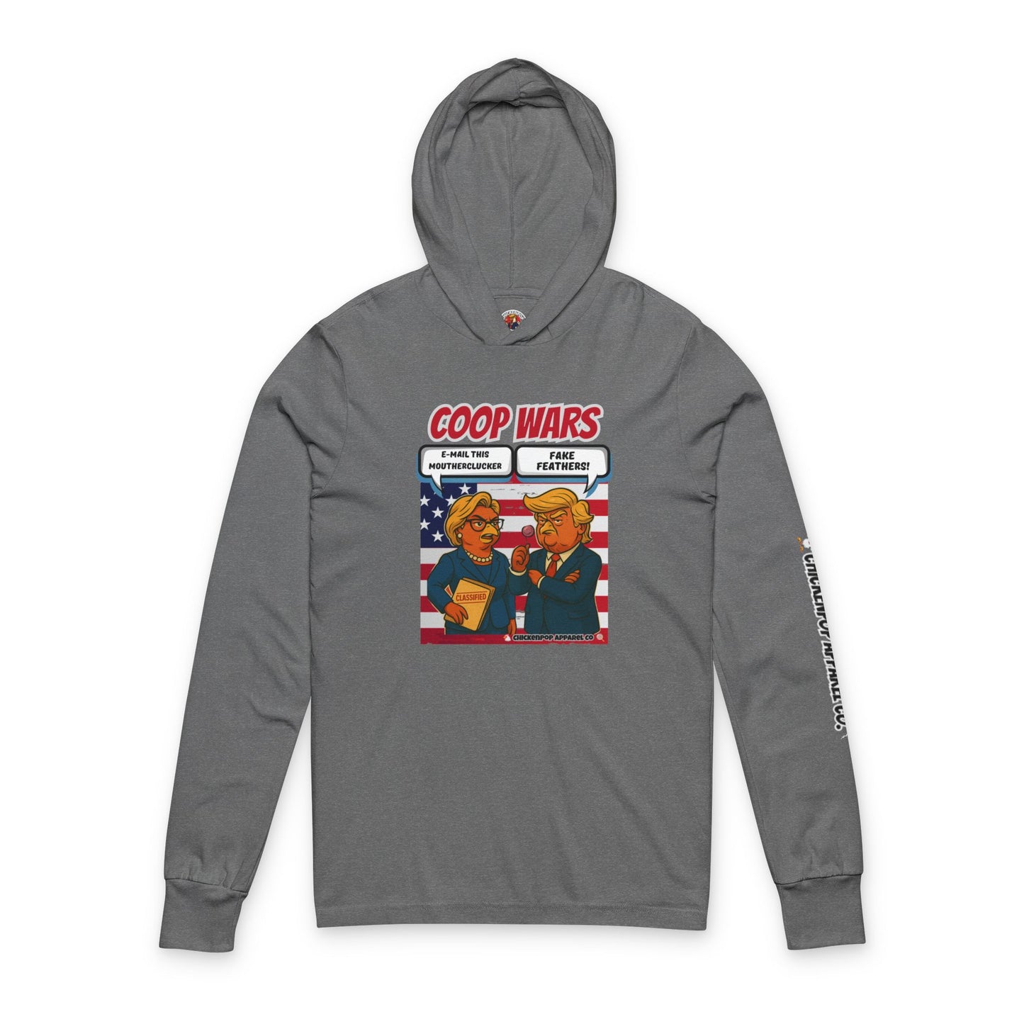 Coop Wars Long Sleeve Hooded T-Shirt – Unisex Lightweight Hoodie Tee with ChickenPop Sleeve Logo | Funny Political Graphic Pullover for Everyday Rebels