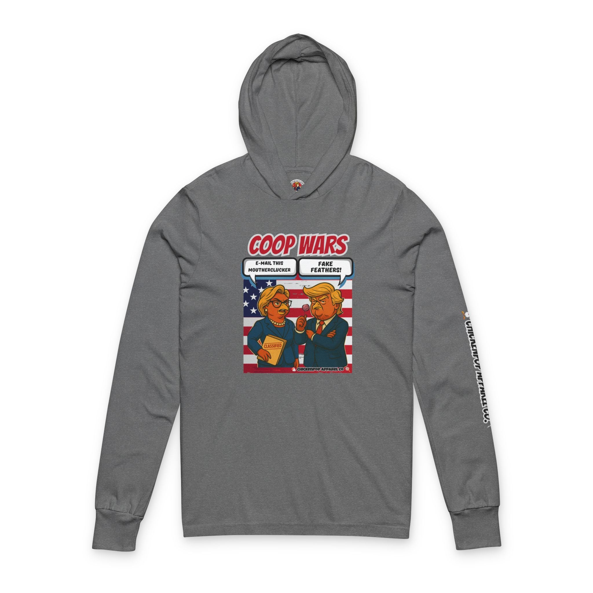 Coop Wars Long Sleeve Hooded T-Shirt – Unisex Lightweight Hoodie Tee with ChickenPop Sleeve Logo | Funny Political Graphic Pullover for Everyday Rebels