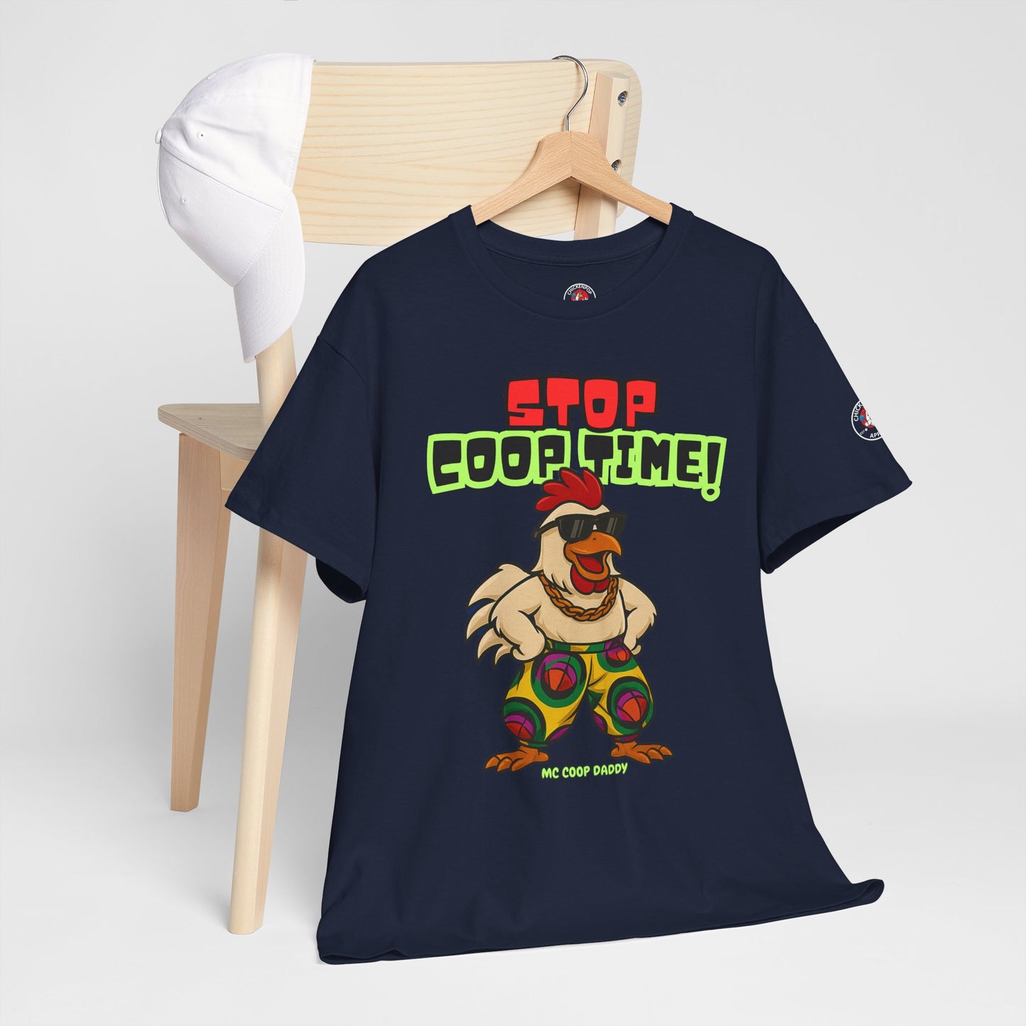 Stop COOP TIME! Funny Chicken T-Shirt – MC Coop Daddy 90s Hip Hop Parody Tee | Unisex Heavy Cotton | ChickenPop Apparel