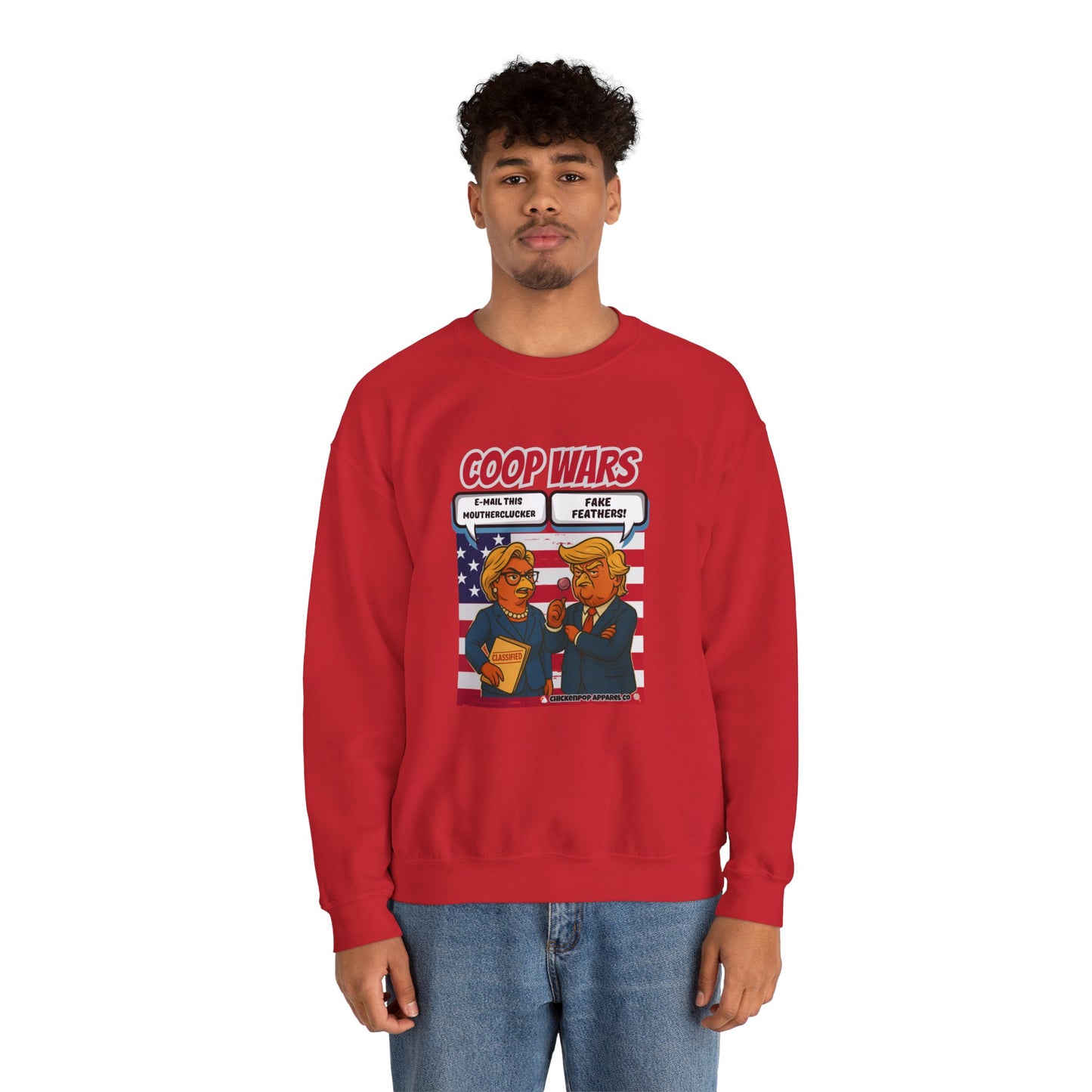 Coop Wars Crewneck Sweatshirt – Funny Political Graphic Pullover | Unisex Heavy Blend with ChickenPop Logo | Ethically Made & Cozy Cold-Weather Humor