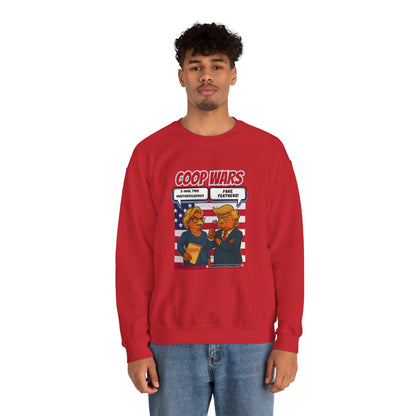 Coop Wars Crewneck Sweatshirt – Funny Political Graphic Pullover | Unisex Heavy Blend with ChickenPop Logo | Ethically Made & Cozy Cold-Weather Humor