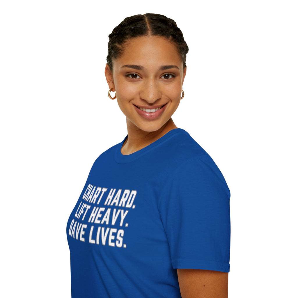 Chart Hard. Lift Heavy. Save Lives. Nurse Tee | Funny Fitness Healthcare Worker Shirt | Gym RN Apparel
