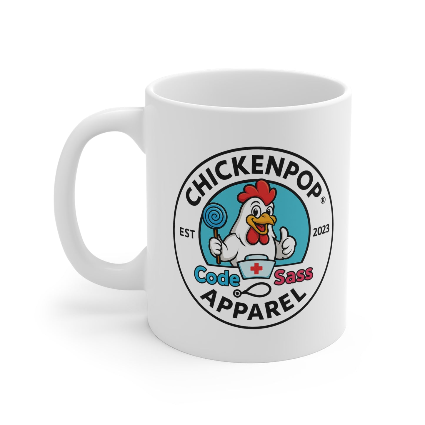 ChickenPop Code Sass Logo Mug – Funny Nurse Coffee Cup with Sassy Chicken Nurse | 11oz Ceramic, Dishwasher & Microwave Safe