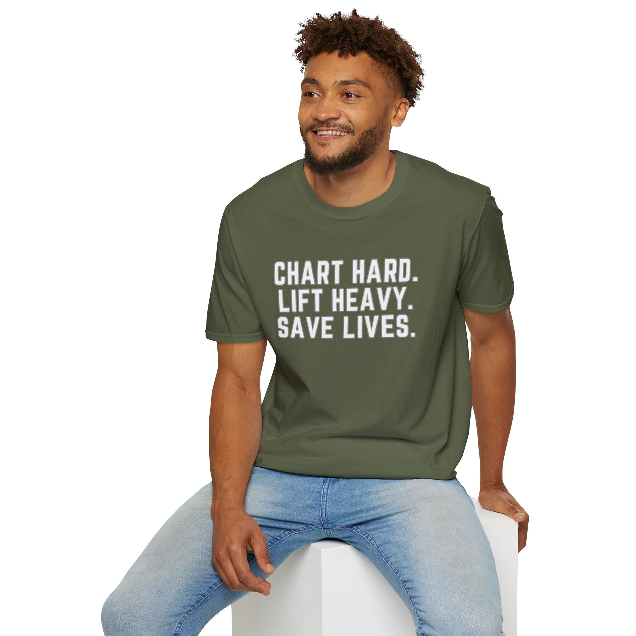 Chart Hard. Lift Heavy. Save Lives. Nurse Tee | Funny Fitness Healthcare Worker Shirt | Gym RN Apparel