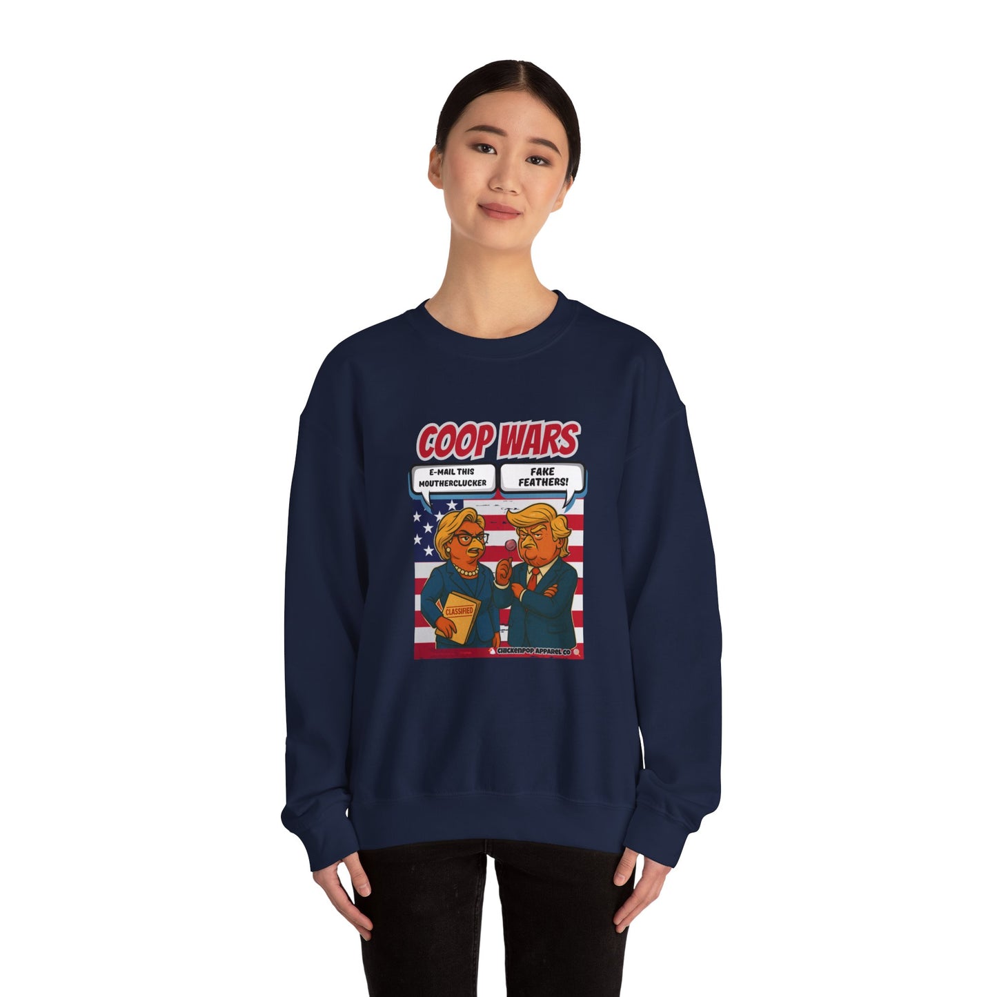 Coop Wars Crewneck Sweatshirt – Funny Political Graphic Pullover | Unisex Heavy Blend with ChickenPop Logo | Ethically Made & Cozy Cold-Weather Humor