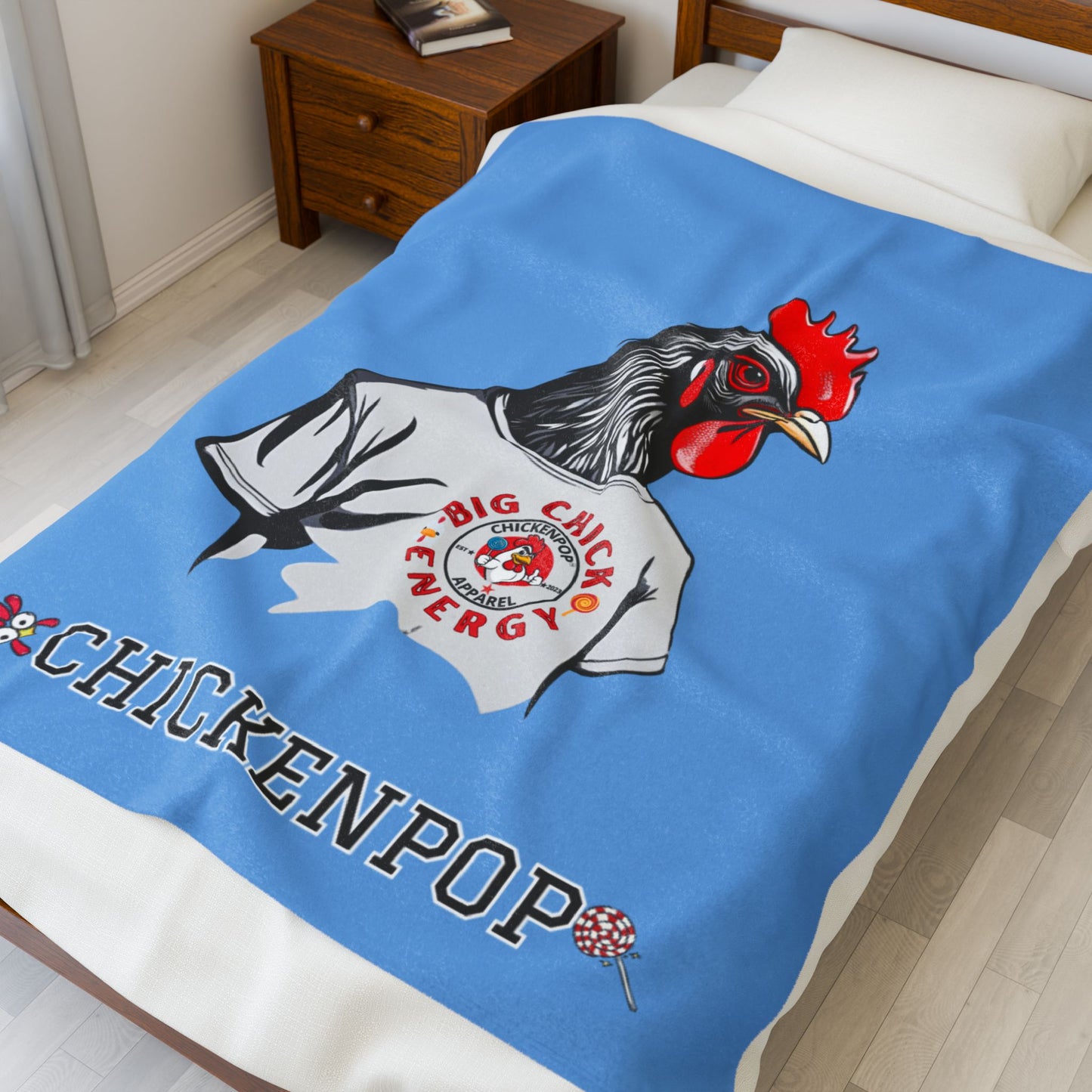 Giant Rooster Velveteen Plush Blanket Light Blue,