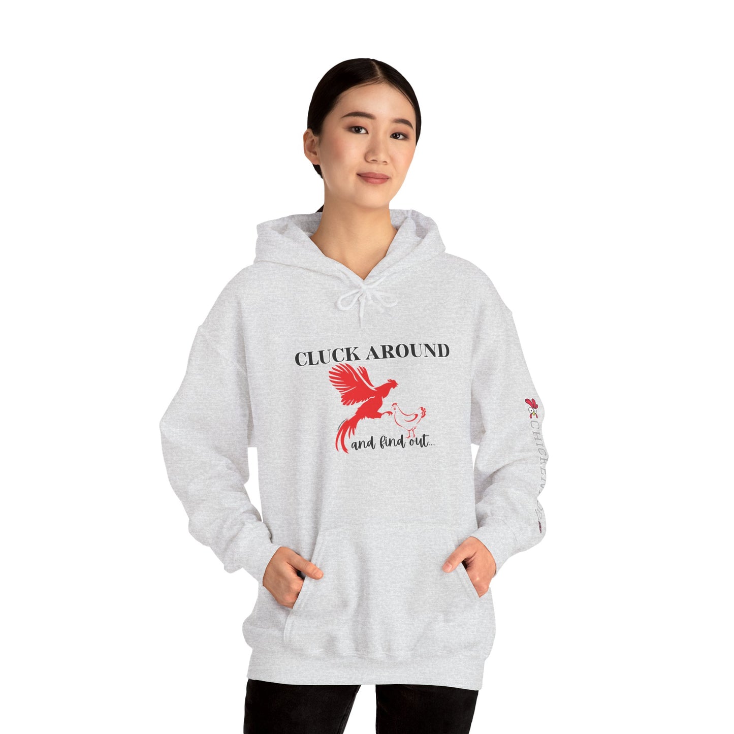 Cluck Around and Find Out Hoodie – Naughty Funny Chicken Hoodie with ChickenPop Logo Sleeve | Bold Unisex Graphic Sweatshirt