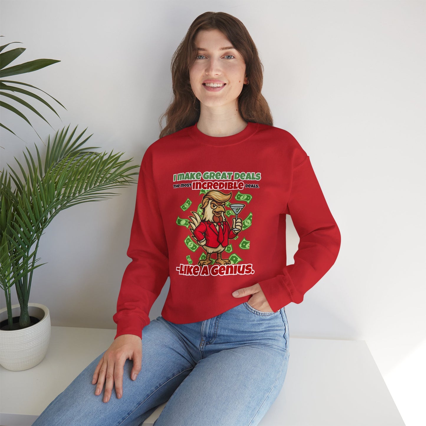 Like A Genius Crewneck Sweatshirt – Funny Political Graphic Pullover | Unisex Heavy Blend with ChickenPop Logo | Ethically Made & Cozy Cold-Weather Humor