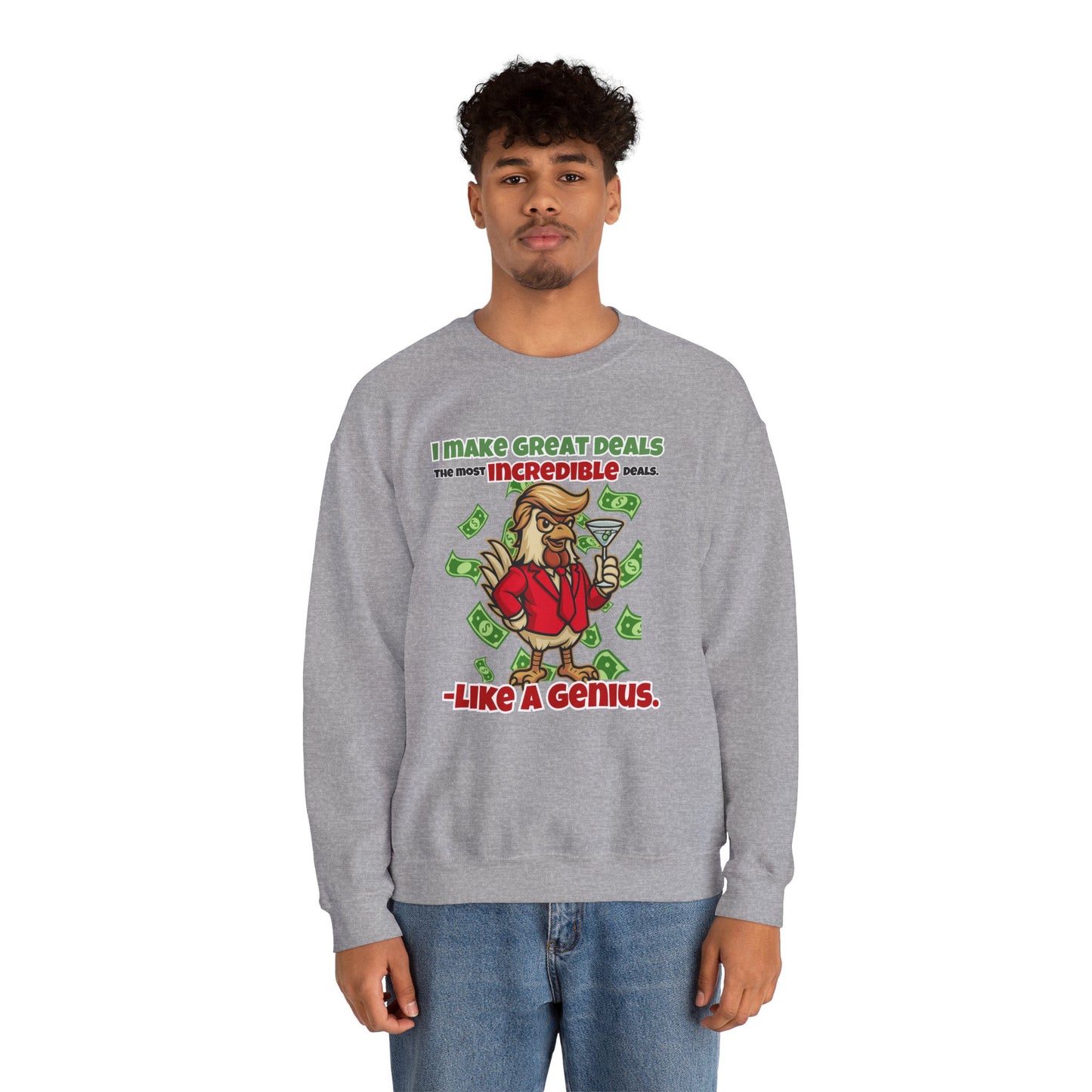 Like A Genius Crewneck Sweatshirt – Funny Political Graphic Pullover | Unisex Heavy Blend with ChickenPop Logo | Ethically Made & Cozy Cold-Weather Humor