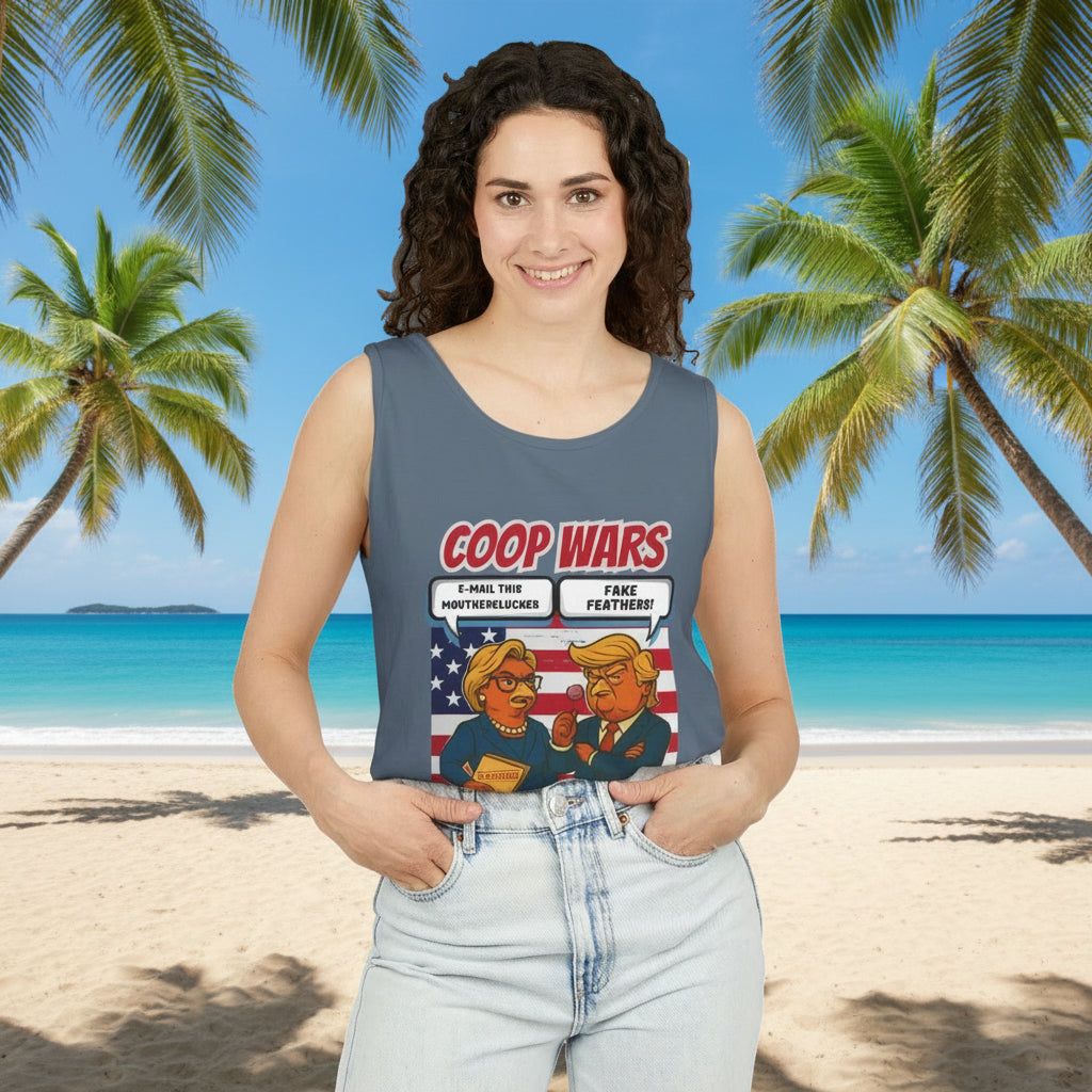 Coop Wars™ Unisex Tank Top – Hilaregg Cluckton vs. Cock-a-Doodle-Don | Political Satire Sleeveless Tee
