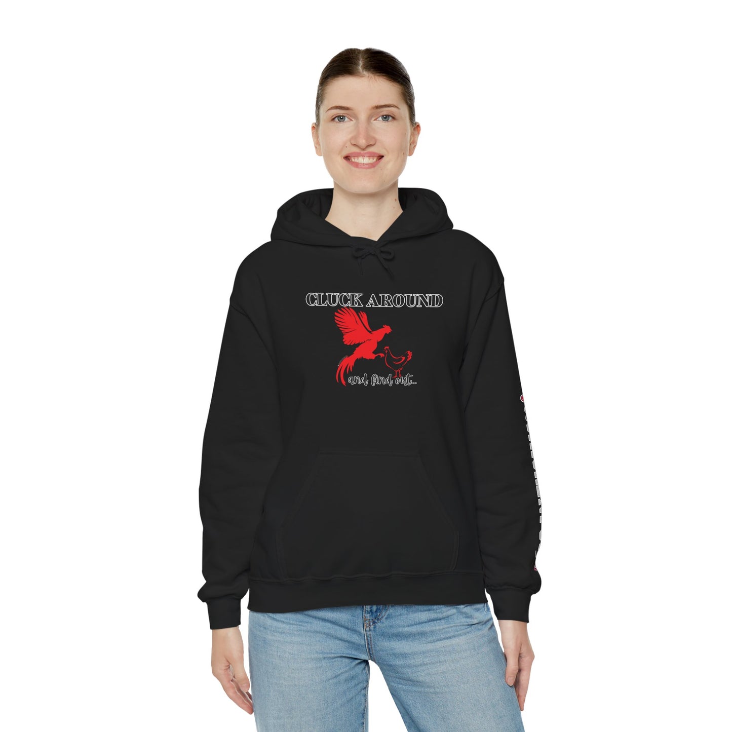 Cluck Around and Find Out Hoodie – Naughty Funny Chicken Hoodie with ChickenPop Logo Sleeve | Bold Unisex Graphic Sweatshirt