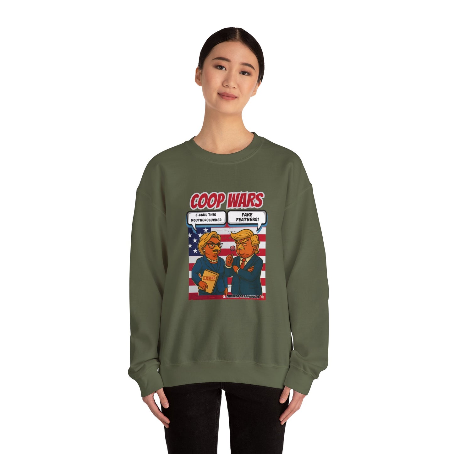 Coop Wars Crewneck Sweatshirt – Funny Political Graphic Pullover | Unisex Heavy Blend with ChickenPop Logo | Ethically Made & Cozy Cold-Weather Humor