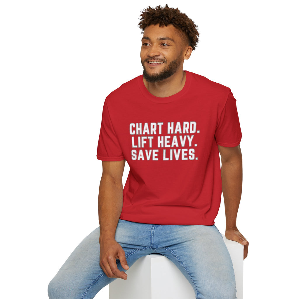 Chart Hard. Lift Heavy. Save Lives. Nurse Tee | Funny Fitness Healthcare Worker Shirt | Gym RN Apparel