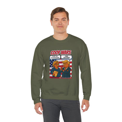 Coop Wars Crewneck Sweatshirt – Funny Political Graphic Pullover | Unisex Heavy Blend with ChickenPop Logo | Ethically Made & Cozy Cold-Weather Humor