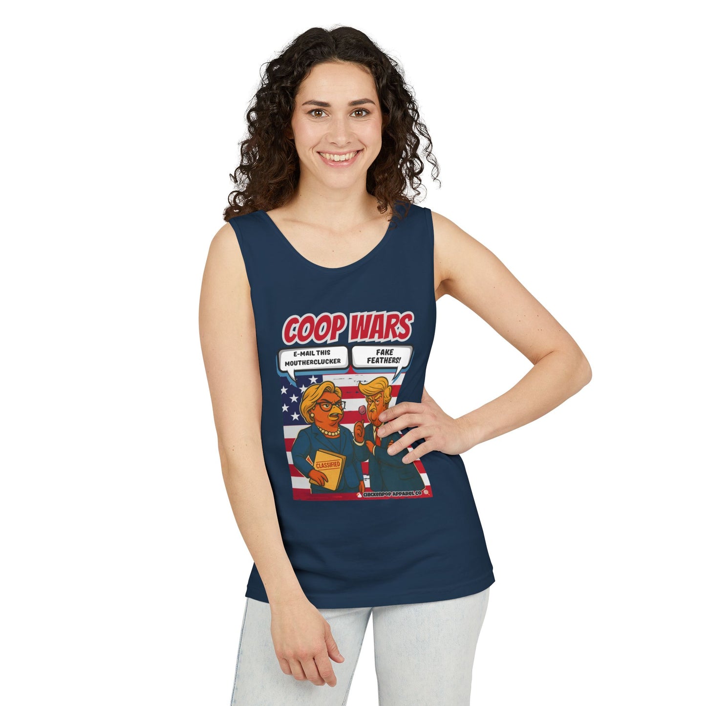 Coop Wars™ Unisex Tank Top – Hilaregg Cluckton vs. Cock-a-Doodle-Don | Political Satire Sleeveless Tee